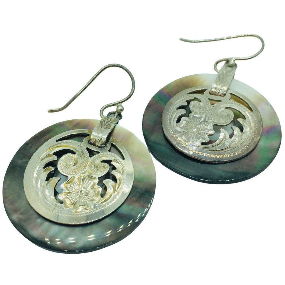 Abalone Shell Earrings Sterling Silver Etched Dangle Pierced Merav Mexico 925 - Picture 1 of 9